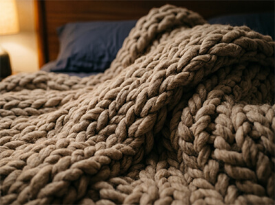 Thick taupe chunky-knit weighted blanket on a bed.