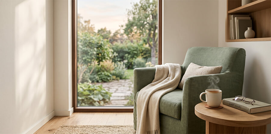 Cozy reading nook with armchair and garden view.