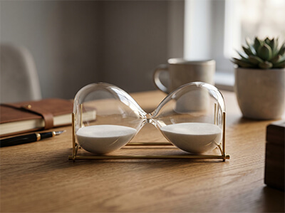 A close-up photograph of a clear glass hourglass with white sand, layin g down on a wooden desk so the sand is not flowing.