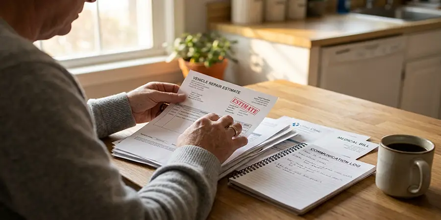 A person managing their recovery by carefully reviewing organized medical paperwork