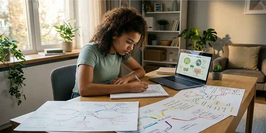 A focused teenage student actively revising with handwritten notes and a laptop at a bright desk.
