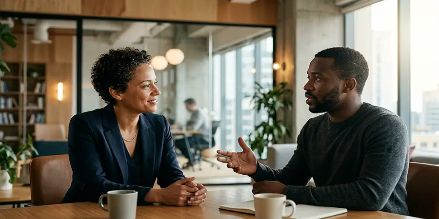 Professional demonstrating active listening by maintaining eye contact and leaning forward during a conversation