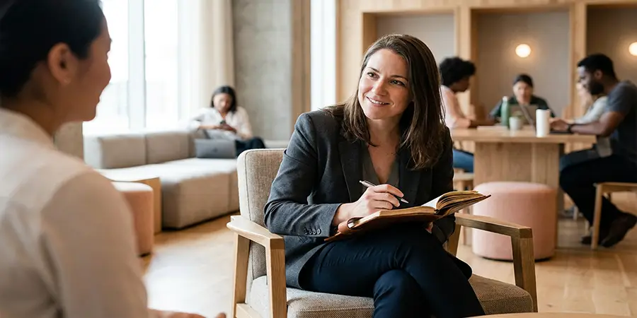 A professional actively listening and maintaining eye contact during a conversation