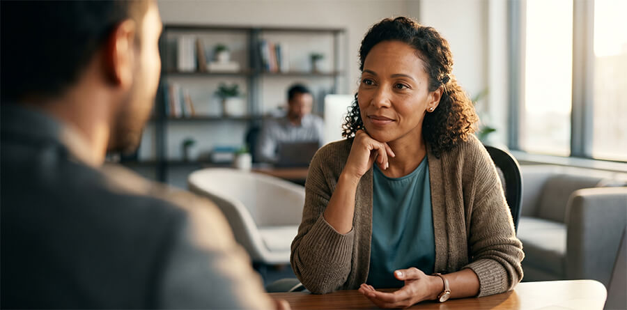 A professional woman with curly hair and a brown cardigan listens and gestures during a meeting at an office desk, with another colleague blurred in the background.