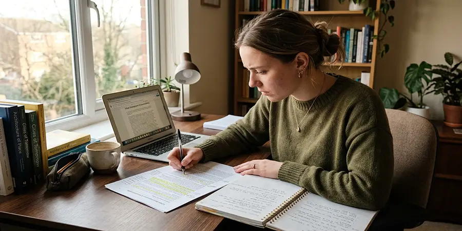 Individual focusing on taking notes while reading actively at a desk