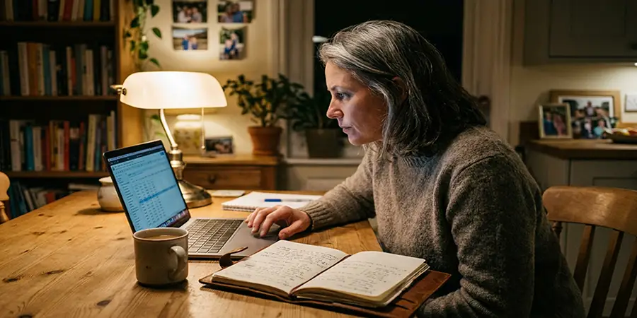 Mature adult studying late at night at a kitchen table