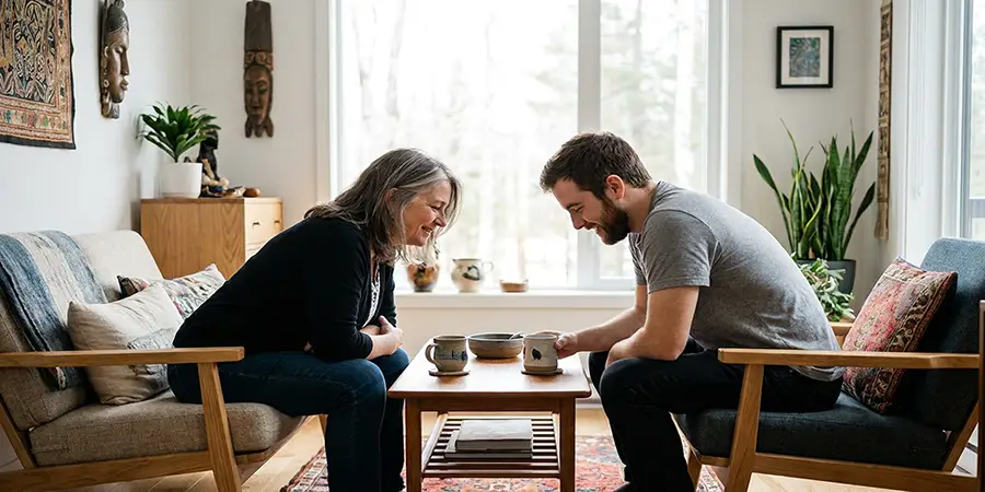 A mature adult and a young adult having an earnest conversation over coffee