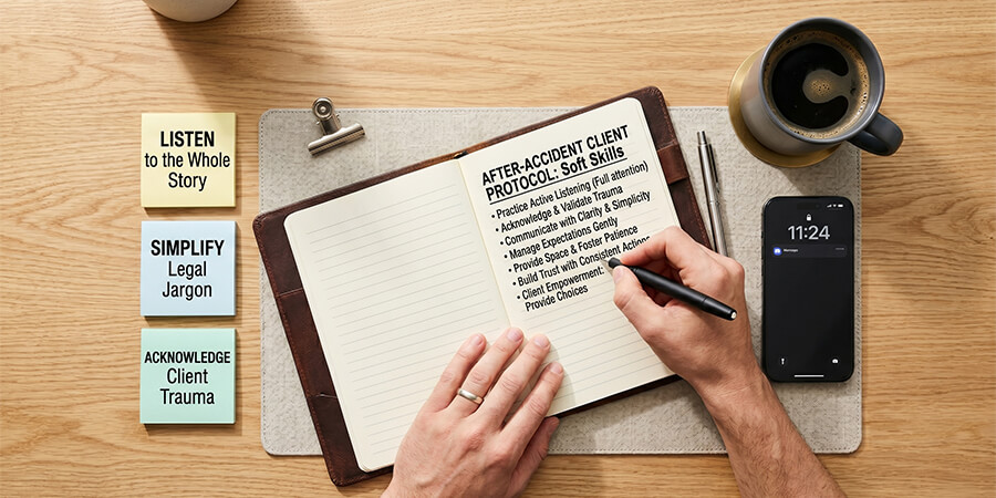 A flat-lay photograph of a professional wooden desk setup. A person writes in a notepad titled 'AFTER-ACCIDENT CLIENT PROTOCOL: Soft Skills,' with bullet points about empathy and clarity. Surrounding items include colored sticky notes a mug of coffee, and a smartphone.