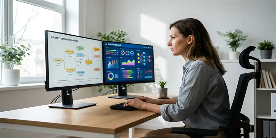 Professional viewing a career roadmap and AI dashboard on a dual-monitor setup