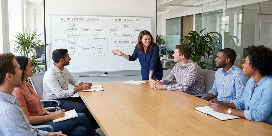 A team leader guiding their colleagues through an AI integration with clear communication