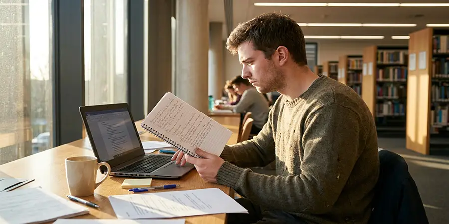 Student actively refining and structuring an academic essay using digital AI tools on a laptop