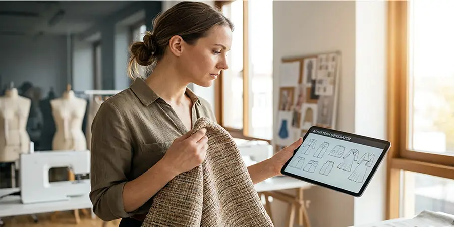 Fashion designer comparing physical fabric textures to AI-generated patterns on a tablet