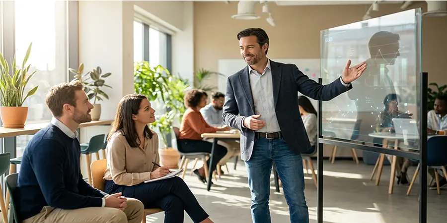 A modern professional confidently explaining data insights to colleagues in a collaborative workspace.