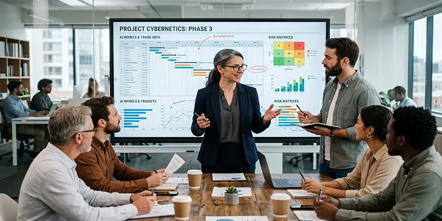 A project manager leading a team discussion, combining human judgement with data analysis