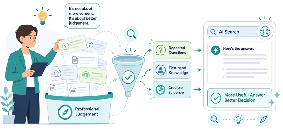 Illustration showing professional judgement filtering content into repeated questions, first-hand knowledge and credible evidence to produce more useful AI search answers