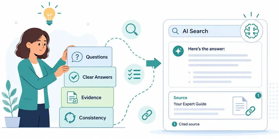 Illustration showing professional expertise moving from clear questions, evidence and consistent communication into a cited AI search answer