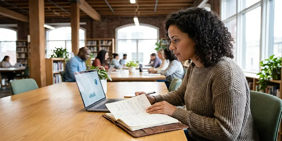 A professional studying on a laptop while thoughtfully taking notes in a bright, modern workspace.