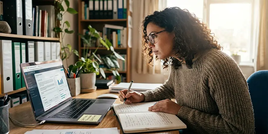 A professional thoughtfully reviewing information on a laptop, demonstrating critical thinking