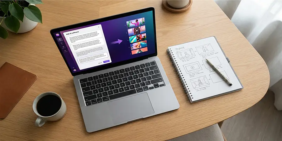 Laptop displaying an intuitive video generation interface alongside a storyboard notebook