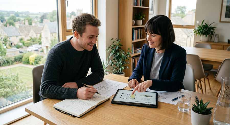 A man and a woman sit at a wooden table discussing detailed architectural floor plans displayed on a tablet and paper.