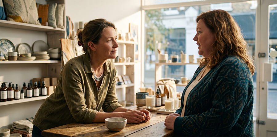 An artisan boutique owner listening to a customer in their store.