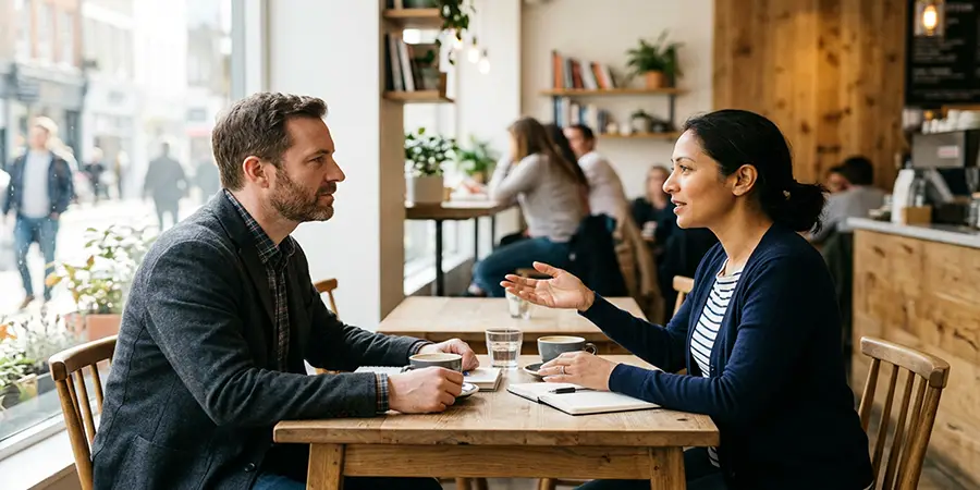 Two people having a calm, assertive conversation in a well-lit environment