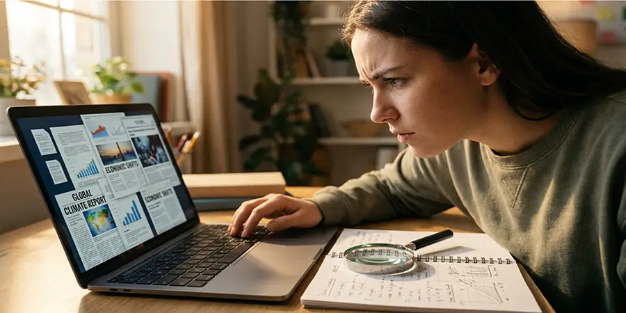 Student critically analyzing information and news articles on a laptop