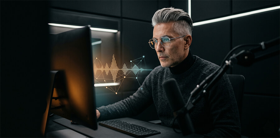 A man with silver hair works at a computer in a dark studio, with an audio waveform graphic and microphones.