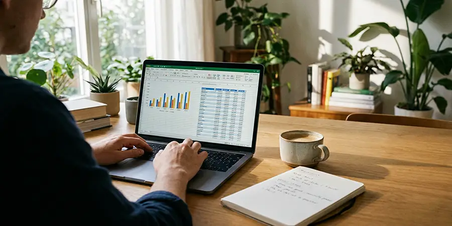 A professional using an organised Excel spreadsheet on a laptop to boost productivity.