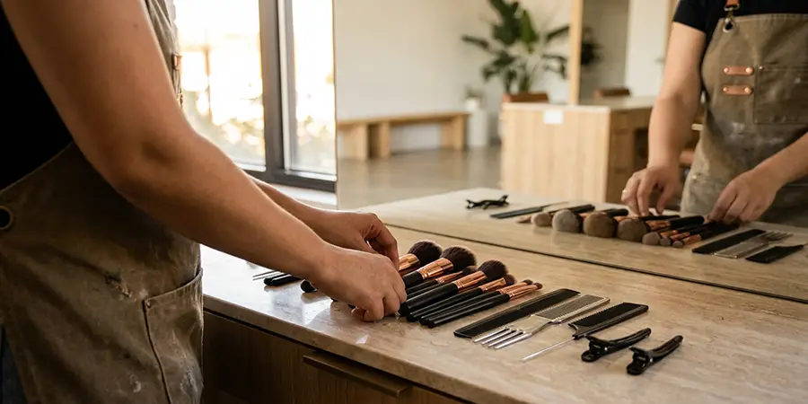 A professional beautician organizing clean styling tools on a modern salon station