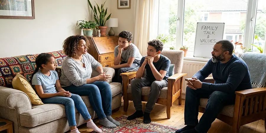 A blended family having a respectful discussion in a comfortable living room