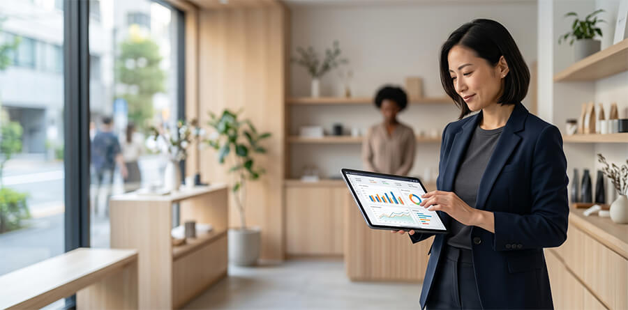 A professional reviewing financial metrics and business growth charts on a table in their boutique.