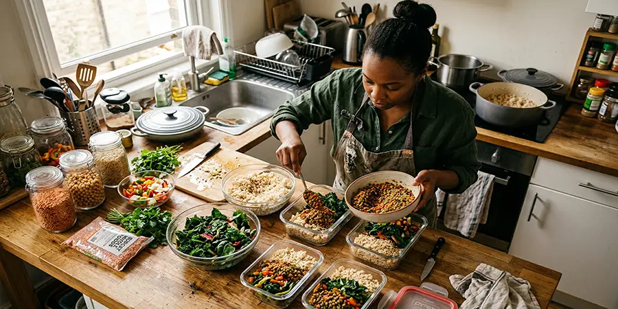 Meal prepping vibrant, budget-friendly whole foods into glass containers