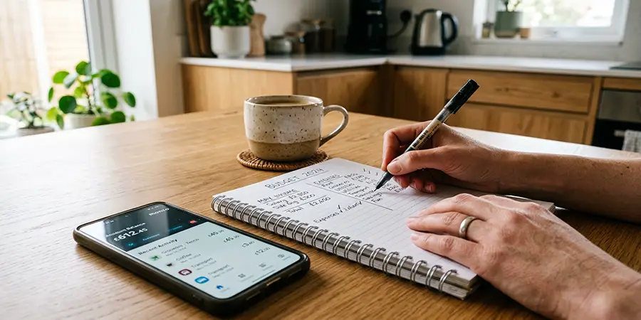 Close up of a person reviewing a handwritten budget alongside a smartphone banking app
