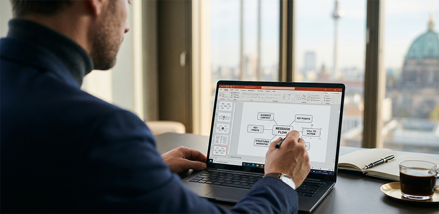 Over-the-shoulder shot of a business professional using a stylus to modify a complex 'Message Flow' flowchart in PowerPoint on a laptop screen.