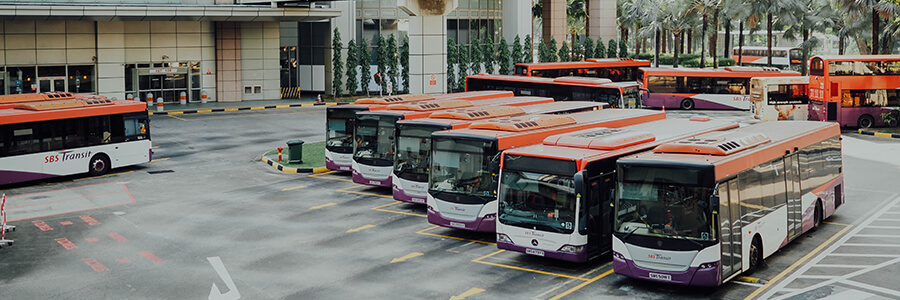 A busy bus depot with multiple SBS Transit busses.