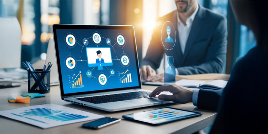 Man in suit using a laptop.