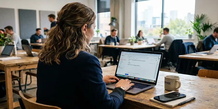 Sales professional typing a personalized outreach email on a laptop