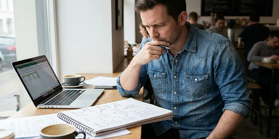 Entrepreneur thoughtfully sketching a business plan alongside a laptop