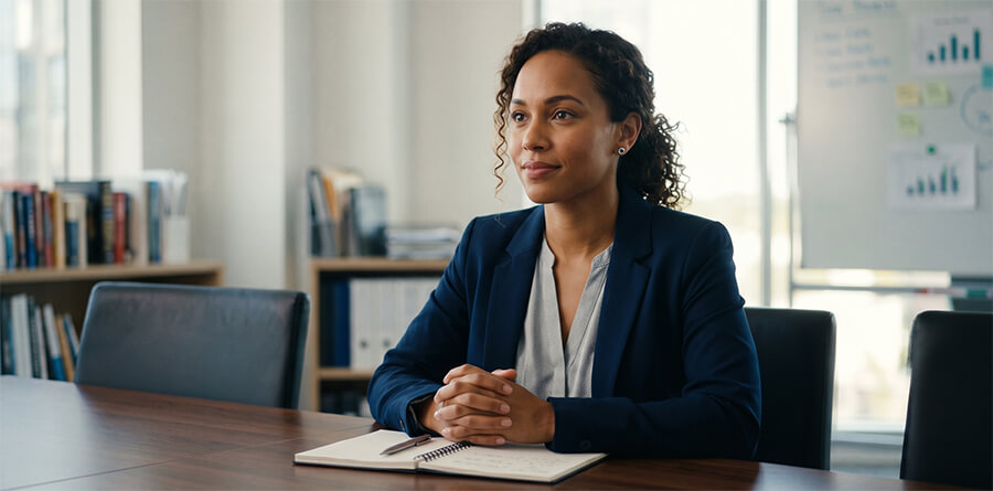 Thoughtful businesswoman with clasped hands and a notebook at a conference table during an interview.