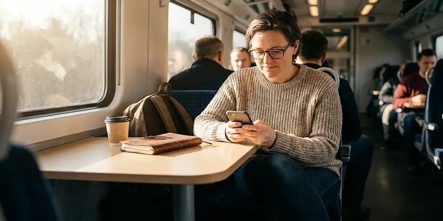 A busy professional calmly focusing on microlearning using a mobile device during a short break