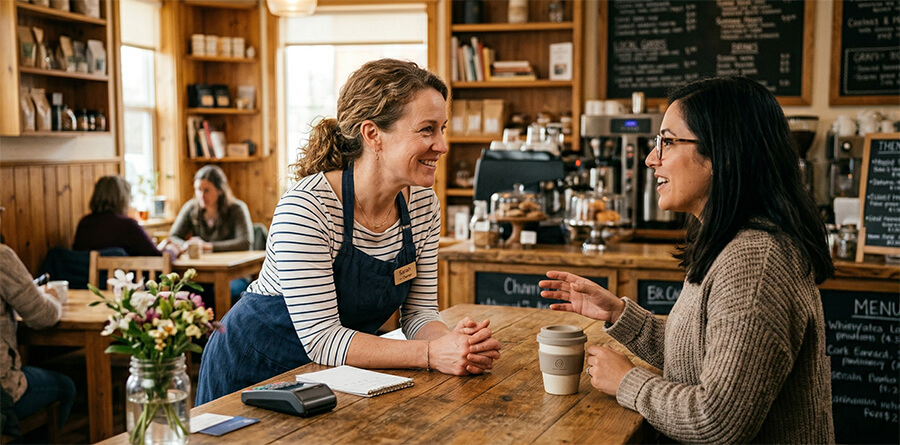 A warm, candid photograph of a small business owner smiling at a customer, both making eye contact. The owner is leaning on a wooden counter with a point-of-sale terminal, listening intently as the customer gestures while holding a reusable cup. They are in a cozy cafe with wooden shelves and handwritten menus.