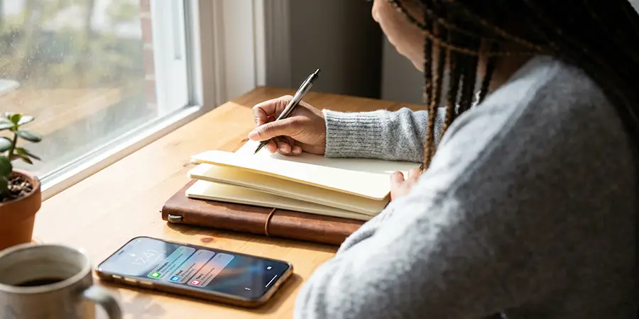 A person calmly writing in a journal next to a phone with unread notifications