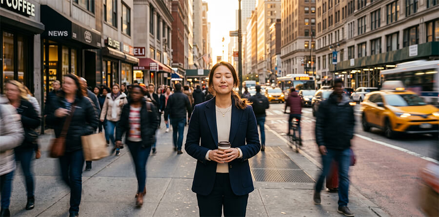 A sharply focused woman in a business suit stands with eyes closed and a peaceful expression, holding a coffee cup, on a motion-blurred NYC avenue at golden hour.