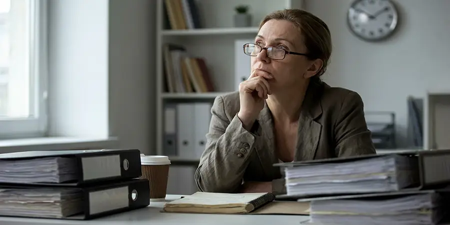 Professional pausing thoughtfully while reviewing documents
