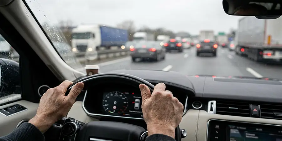 Driver maintaining a relaxed grip on the steering wheel in heavy traffic