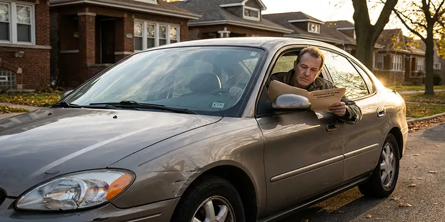 Stressed driver reviewing insurance paperwork after a car accident