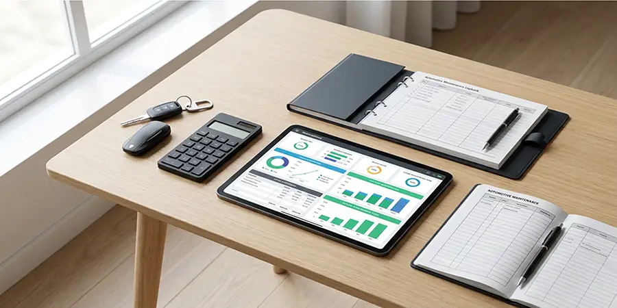 Car keys, a calculator, and a financial dashboard representing automotive budgeting