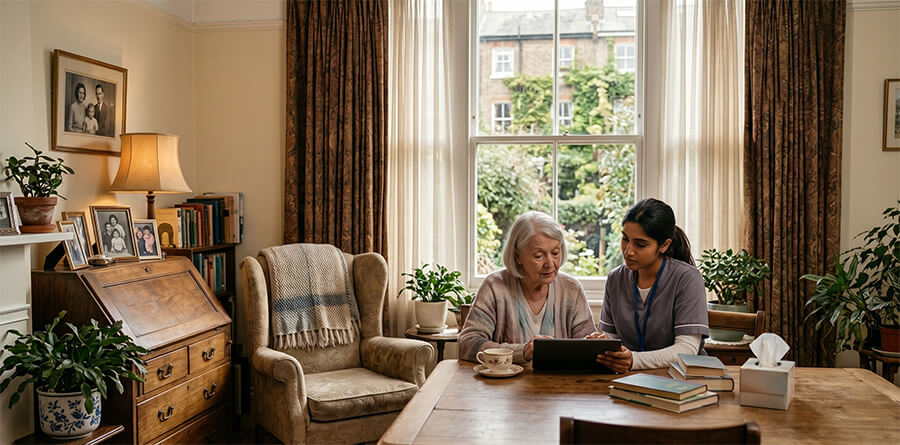 A caregiver in scrubs helps an elderly woman use a tablet at a wooden table in a cozy home environment.