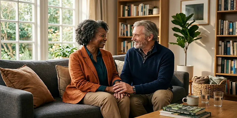 Mature couple holding hands and looking supportive in a modern living room